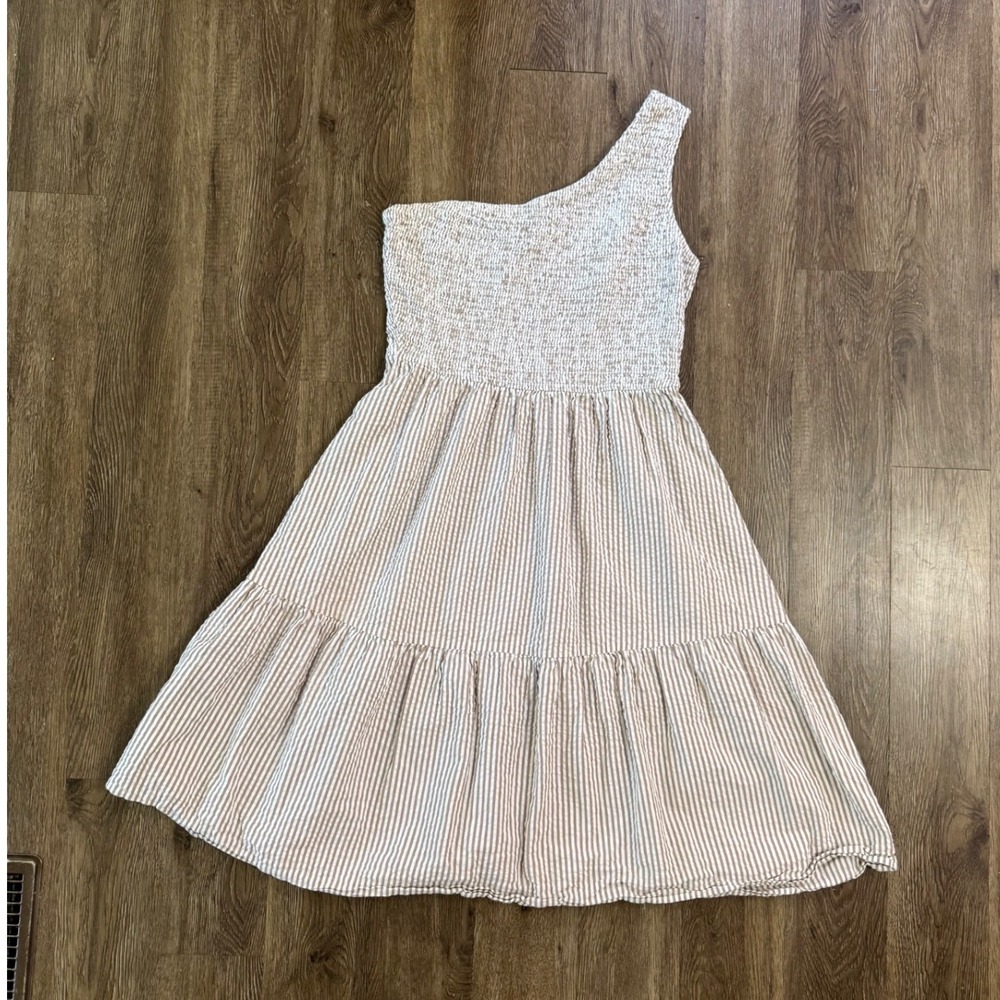 100% Cotton Womens Tan White‎ Striped One Shoulder Smocked Tiered Midi Dress M